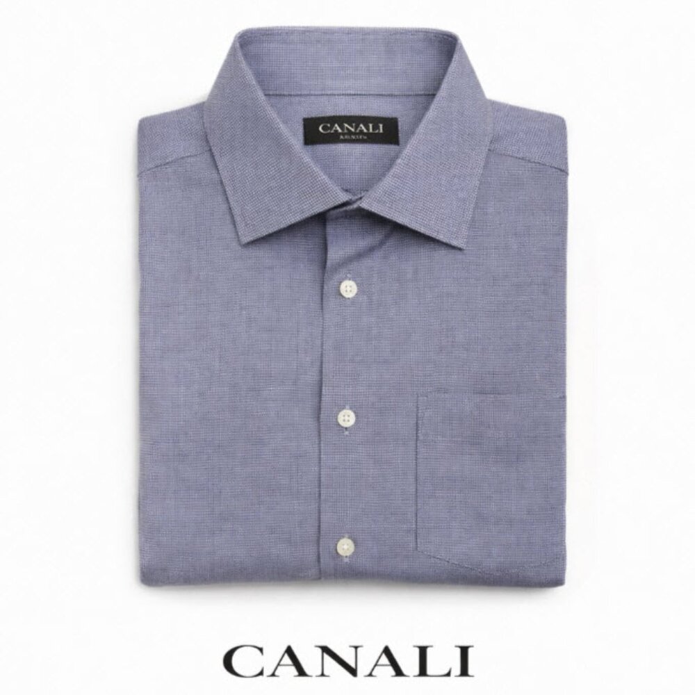 Canali Men's Light Blue Micro-Check Dress Shirt 46/18 cotton
